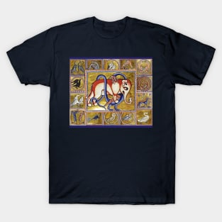 MEDIEVAL BESTIARY COMBAT, DRAGON AND ELEPHANT, FANTASTIC ANIMALS IN GOLD RED BLUE COLORS T-Shirt